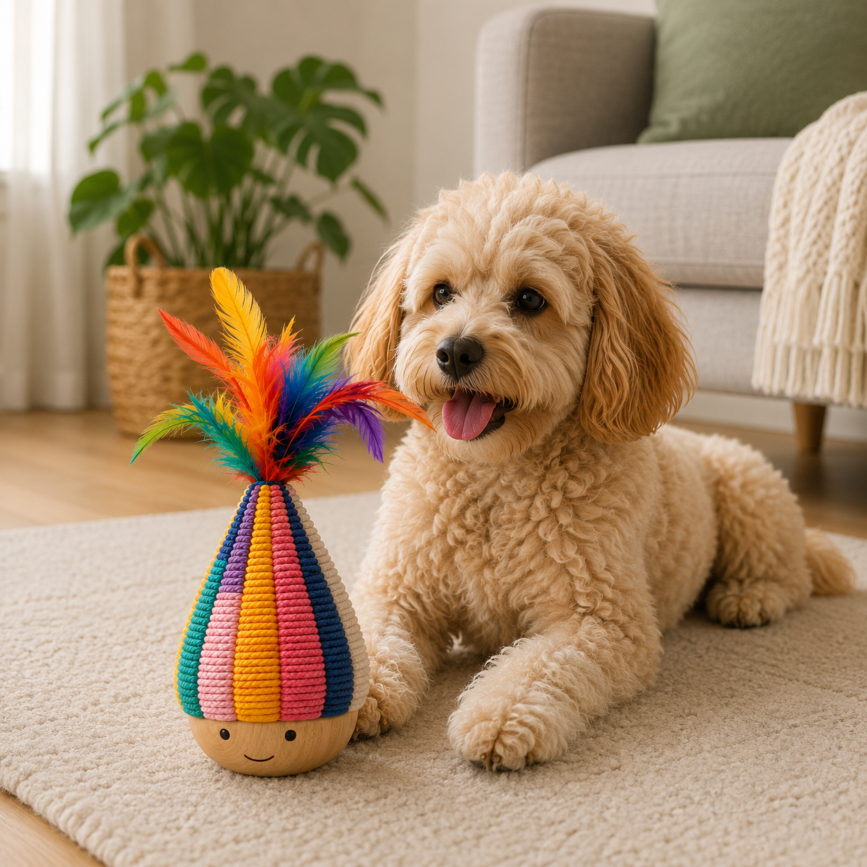 Shaggy Swag Interactive Feather Rope Dog Toy – Wobble Chew & Tug Toy for Small, Medium & Large Dogs Braided Cotton Rope & Natural Wood Base Multi-Color - Image 4