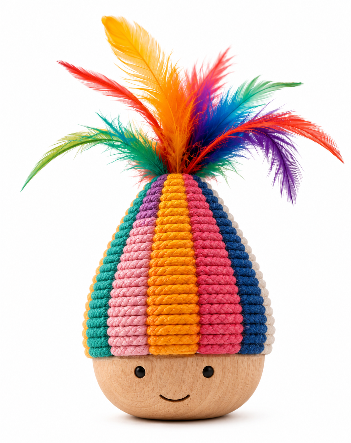 Shaggy Swag Interactive Feather Rope Dog Toy – Wobble Chew & Tug Toy for Small, Medium & Large Dogs Braided Cotton Rope & Natural Wood Base Multi-Color - Image 2