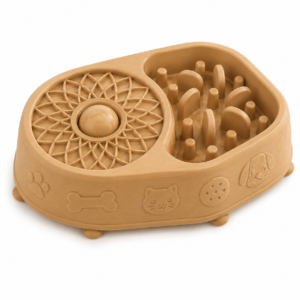 Shaggy Swag Interactive Slow Feeder Dog Bowl – 2-in-1 Puzzle Feeding Bowl with Food Maze & Treat Spinner for Small, Medium & Large Dogs  Food-Grade PP  Natural Brown
